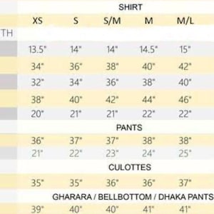 May include: A clothing size chart displaying measurements in inches for shirts, trousers, and culottes. Sizes range from XS to XL, with details for shirt length, shoulder, chest, waist, hip, and sleeve. Trousers and culottes measurements are also included.