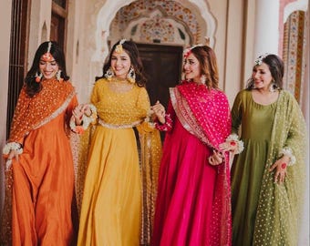Angrakha Frock | Embroidered Net Dupatta, Pakistani Wedding| Long flair frock