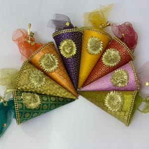 Colorful Indian Favor Cones with Custom Fillings – Dry Fruits or Saunf Mix – Wedding, Mehndi, Diwali Return Gifts