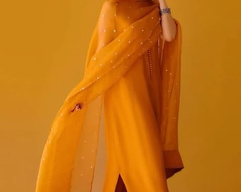 Mustard Yellow Silk Outfit: Sequined Organza Dupatta, Pakistani Indian Dress