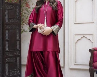 Silk Farshi Shalwar Kameez, Banarsi Border Indian Wedding Outfit