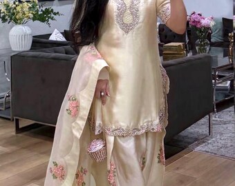Embroidered Silk Shalwar Kameez | Appliqué Organza Dupatta, Festive Wear
