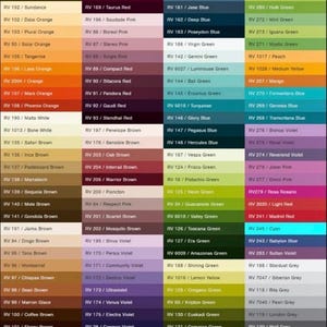 May include: A colour chart displaying a wide array of paint colours, each identified by a code. The chart showcases a diverse palette, including bright yellows, oranges, and deep blues, greens, and various shades of brown and grey.