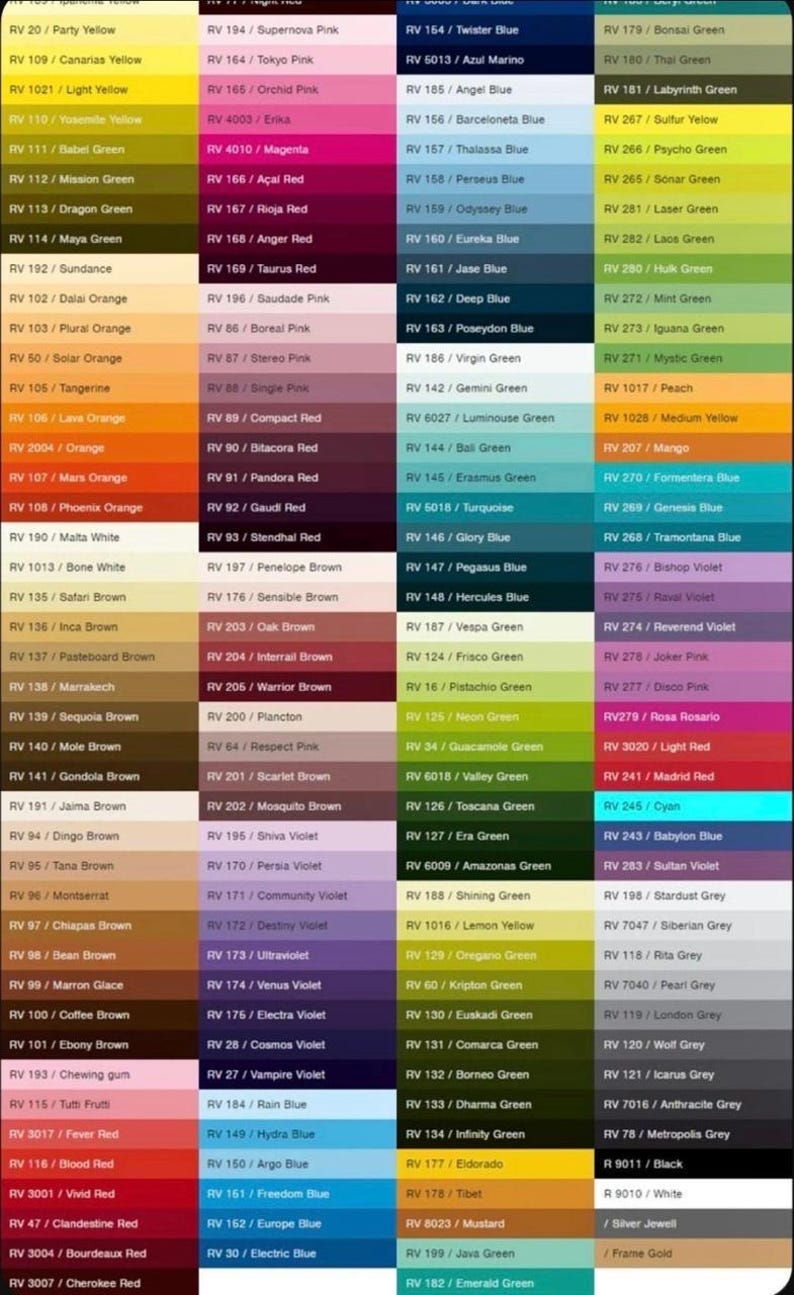 May include: A colour chart displaying a wide array of paint colours, each identified by a code. The chart showcases a diverse palette, including bright yellows, oranges, and deep blues, greens, and various shades of brown and grey.