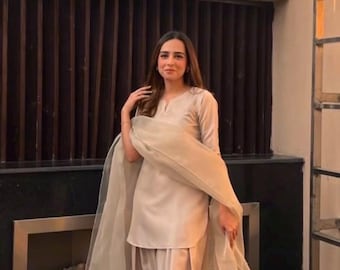 Elegant FARSHI Shalwar with Short Shirt & Organza Dupatta,Eid Party Wear-Pakistani Formal Dress