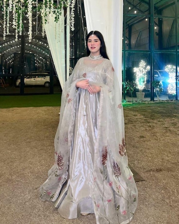 Pakistani Silk Maxi Dress 3PC Hand-painted Floral Organza Dupatta Formal  Wear - Etsy
