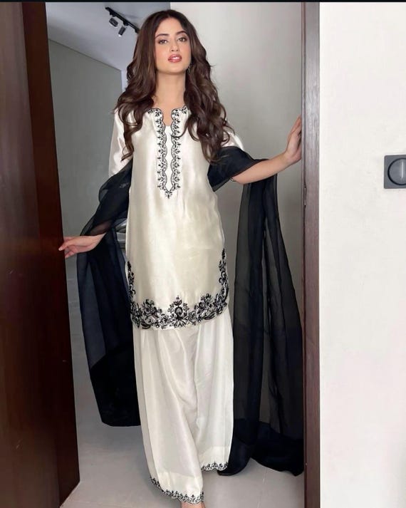 Elegant White & Black Silk Farshi Shalwar Set with Organza Dupatta – Custom Size Color Available