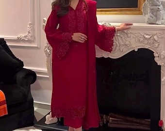 Vestido de seda/Shalwar kameez pakistaní/Traje bordado a mano