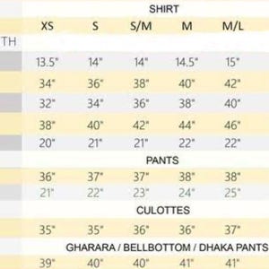以下が含まれることがあります： シャツ、パンツ、キュロットのサイズ表で、インチ単位の測定値が記載されています。 サイズはXSからXLまであり、シャツの丈、肩幅、胸囲、ウエスト、ヒップ、袖丈が詳細に記載されています。 パンツとキュロットの測定値も提供されています。