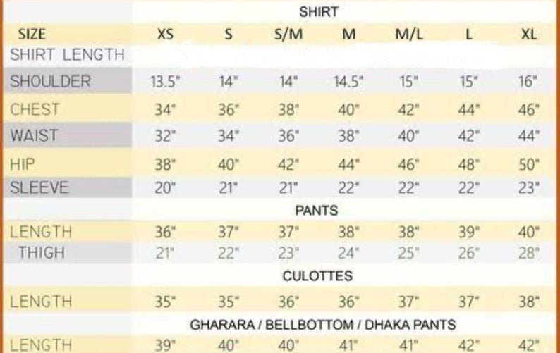 以下が含まれることがあります： シャツ、パンツ、キュロットのサイズ表で、インチ単位の測定値が記載されています。 サイズはXSからXLまであり、シャツの丈、肩幅、胸囲、ウエスト、ヒップ、袖丈が詳細に記載されています。 パンツとキュロットの測定値も提供されています。