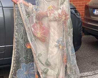 Custom Hand-Painted Embroidered Dupatta Outfit: Ethnic Party Wear