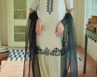 Elegant White & Black Silk Farshi Shalwar Set with Organza Dupatta – Custom Size Color Available