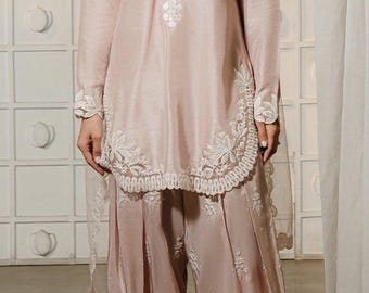 Baby Pink Embroidered Pakistani Suit | Medium Silk with Organza Dupatta