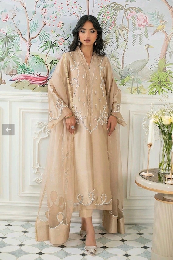 Silk Embroidered Outfit With Organza Dupatta | Formal Party Wear - Etsy