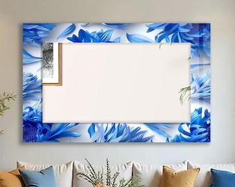 Floral Tempered Glass Wall Mirror: Elegant Blue Flower Decor
