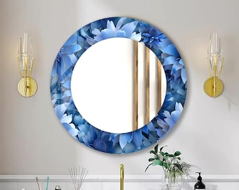 Floral Tempered Glass Round Mirror: Elegant Blue Flower Wall Decor
