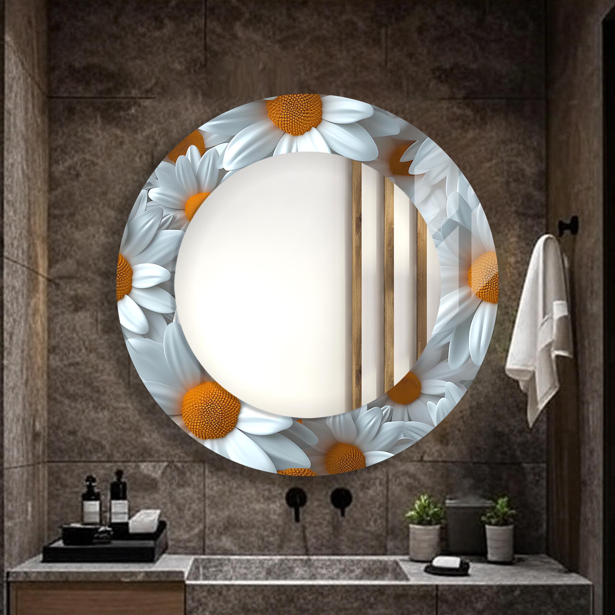 花柄強化ガラスウォールミラー：エレガントなデイジーデコレーション