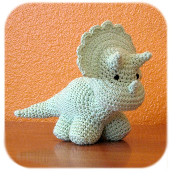 stuffed triceratops dinosaur crochet amigurumi plush in mint green cotton yarn handmade