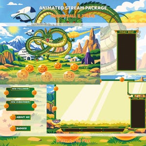 Peut inclure: Ensemble de flux animé sur le thème de Dragon Ball Z. Le design présente un dragon vert, des boules de cristal oranges et un paysage avec des montagnes et des bâtiments. Comprend des boîtes de chat, des alertes de followers et des éléments de profil.