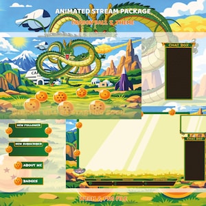 Peut inclure: Un pack de streaming animé sur le thème Dragon Ball Z, avec un dragon vert, des sphères orange à motifs d'étoiles et des éléments de paysage. Inclut des superpositions pour les boîtes de chat, nouveaux abonnés, à propos et badges.