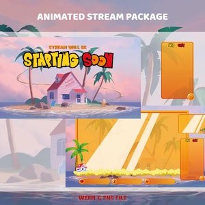 Peut inclure: Un pack de streaming animé comprenant un écran de démarrage avec une maison rose sur une île tropicale, des cadres orange et des icônes de boules de cristal. Le texte indique "ANIMATED STREAM PACKAGE", "STREAM WILL BE STARTING SOON", "KAME HOUSE", "LIVE CHAT" et "WEBM & PNG FILE".