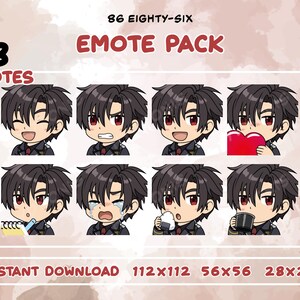 Op de afbeelding: Een "Emote Pack" afbeelding met acht verschillende cartoonkarakteruitdrukkingen. Het personage heeft donker haar en rode ogen. De uitdrukkingen omvatten glimlachen, boos zijn en het vasthouden van een hart. Tekst bevat "8 EMOTES" en "86 EIGHTY-SIX EMOTE PACK".