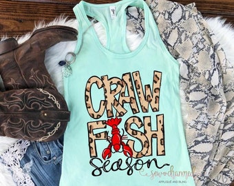 Ladies Fitted Leopard Print Crawfish Season Tank/ Ladies Screen Print/ Womens Cheetah Print Crawfish Tank Top/ Screen Print Crawfish Shirt