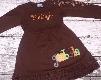 Fall Gobble Thanksgiving Brown Ruffle Dress, Long Sleeve Thanksgiving Dress, Turkey Gobble Dress, Gobble Applique Dress