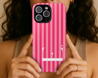 Gepersonaliseerde roze gestreepte iPhone-hoesje warm en babyroze monogram stoere cover 16 Pro Max 15 14 13 12 11 X aangepast cadeau voor haar vriend