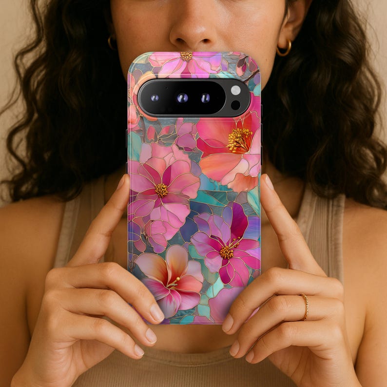 Floral Stained Glass Effect Google Pixel Case 9 9Pro 9A 8 8A 8Pro 7 7A 6A 5A Colorful Pastel Tough Phone Cover Artistic Cute Gift for Her image 1