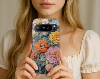 Floral Embroidered Print Google Pixel Case 9 9Pro 9A 8 8A 8Pro 7 7A 6A 5A Colorful Pastel Tough Phone Cover Cute Artistic Gift for Her