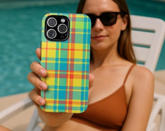 Summer Plaid Tough iPhone Case Americana Vacation Vibes Preppy Phone Cover for 16 Pro Max 15 14 13 12 Cute Elegant Gift for Her or Friend