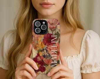 Benutzerdefinierte gepresster Blumendruck (keine echten Blumen) iPhone Case Monogram Floral Tough Cover 17 Pro Max 16 15 14 13 12 11 X Case Leather