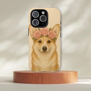 Tough Phone Case Vintage Corgi Floral Rose Crown Case for iPhone 16 Pro Max 15 14 Plus 13 12 11 X Pink Coquette Sketch Drawing