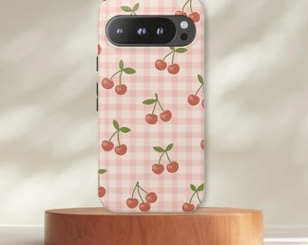 Pink Gingham Cherries Google Pixel Case 9 9Pro 9A 8 8A 8Pro 7 7A 6A 5A Cute Checkered Tough Cover Preppy Gift for Me or Her