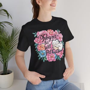 Regret But Will Pet Cats Unisex Tee, Low Energy Empathy Cat Lover Gift, Introvert Mood T-Shirt, Floral Cartoon Graphic Emotional Exhaustion