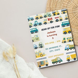 Cars and Trucks Birthday Invitation: Editable Transportation Party (5x7 Inches, PDF Download)
