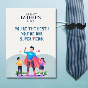 Cartão de super-herói para o Dia dos Pais – Estilo divertido de desenho animado – Mensagem "Você é nosso herói" – Presente fofo de criança para pai – Colorido e sincero.