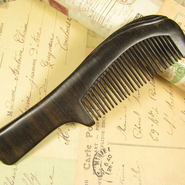 Ebony Carved Handle Wooden Hair Comb