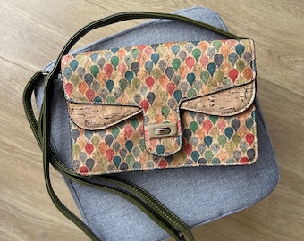 Handmade Portuguese Cork Crossbody Bag by Sardinha - Eco Friendly Vegan Purse with Colorful Teardrop Print and Olive Green Accents