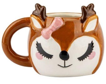 Cute Fawn Ceramic Mug with Pink Bow, 3D Reindeer Coffee Cup 9.5oz, Unique Animal Shaped Mug for Her, Woodland Nursery Decor
