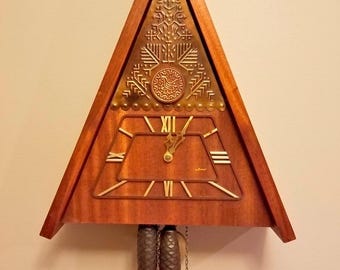 Vintage Soviet Cuckoo Clock "Mayak", Unique Triangular Wooden Wall Clock, Mechanical Chain Driven Clock with Pinecone Weights, 1970s USSR