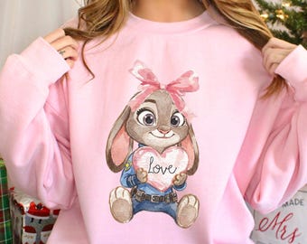 Watercolor Judy Hopps Nick Wilde Heart Sweatshirt, Valentine Zootopia Hoodie, Coquette Bow Zootopia Sweatshirt, Disney Love Crewneck 604491