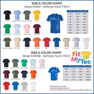 a chart showing the size and color of a t - shirt