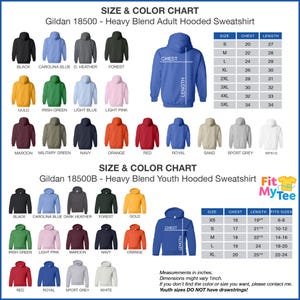 a chart showing the size and color of a hoodie