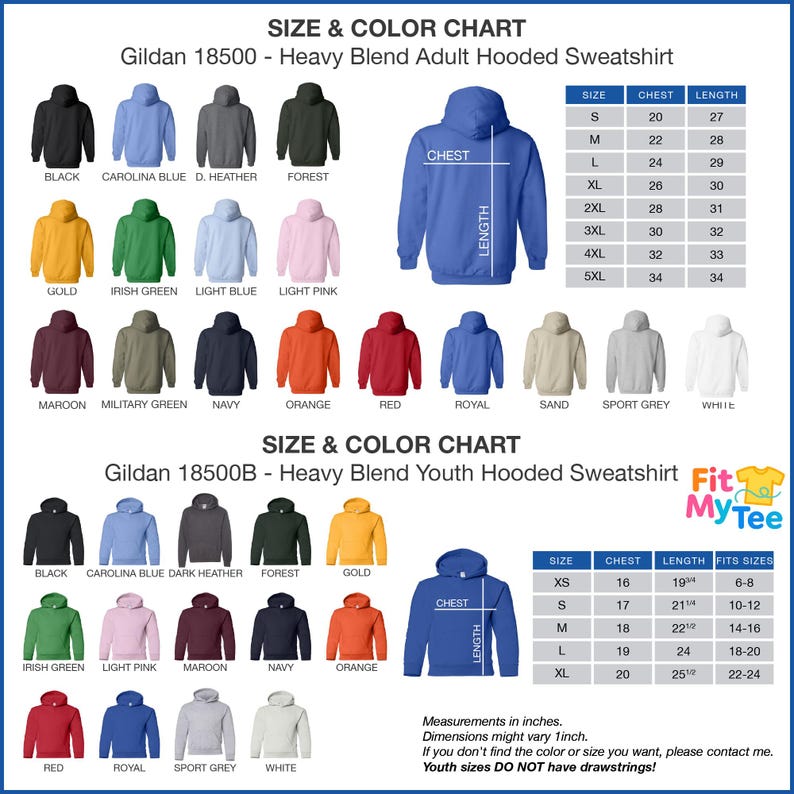 a chart showing the size and color of a hoodie