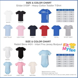 May include: Size and color chart for toddler t-shirts and infant bodysuits. The chart includes various colors like white, black, light blue, pink, navy, red, royal, and sport grey. Measurements are in inches.