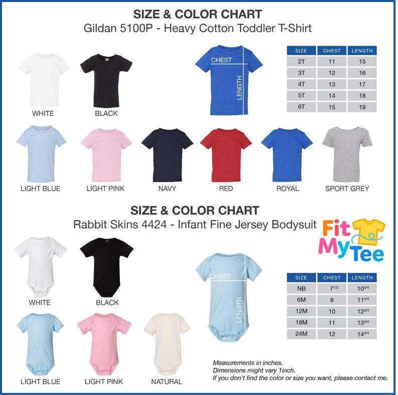 May include: Size and color chart for toddler t-shirts and infant bodysuits. The chart includes various colors like white, black, light blue, pink, navy, red, royal, and sport grey. Measurements are in inches.