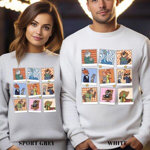 May include: Sport grey and white sweatshirts featuring a grid of cartoon character portraits. Each portrait is framed with a white border and a star. The sweatshirts have the words "SPORT GREY" and "WHITE" printed at the bottom.