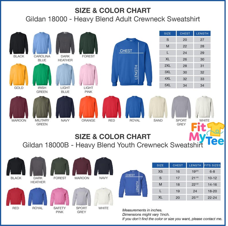 a chart showing the size and color of sweatshirts